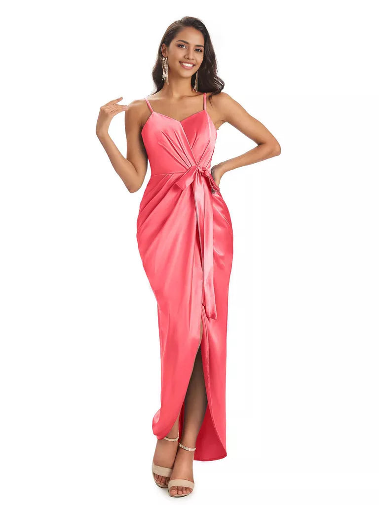 High Low Spaghetti Straps V-neck Mermaid Asymmetrical Soft Satin Bridesmaid Dresses
