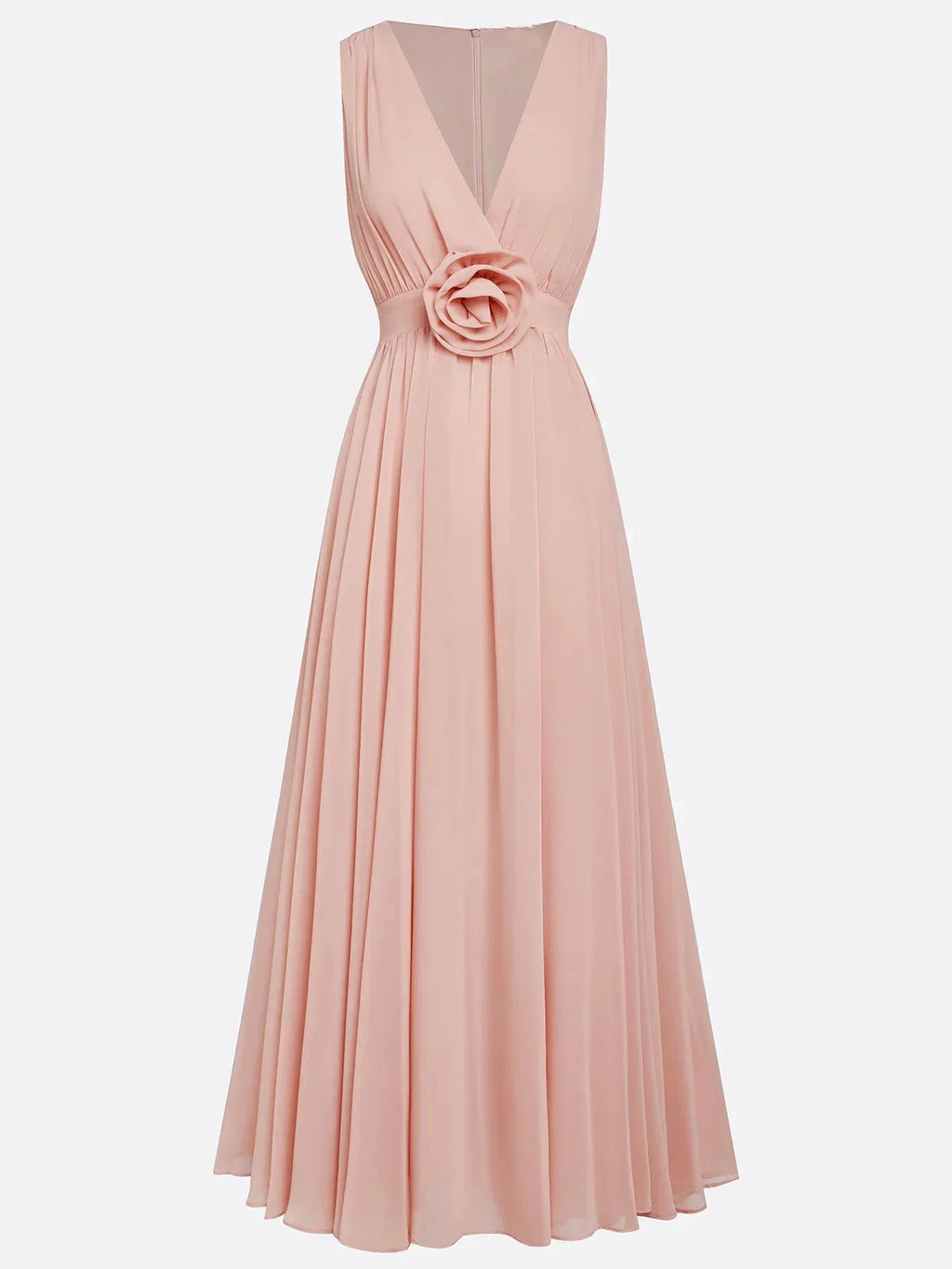 Pink Dress Elegant 3D Floral Ruched V Neck A-Line Maxi Pleats Dress Prom Dress