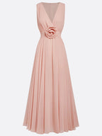 Pink Dress Elegant 3D Floral Ruched V Neck A-Line Maxi Pleats Dress Prom Dress