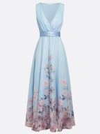 Light Blue Dress Light Romantic Floral V Neck Sleeveless A-Line Maxi Dress Pleats Prom Dress