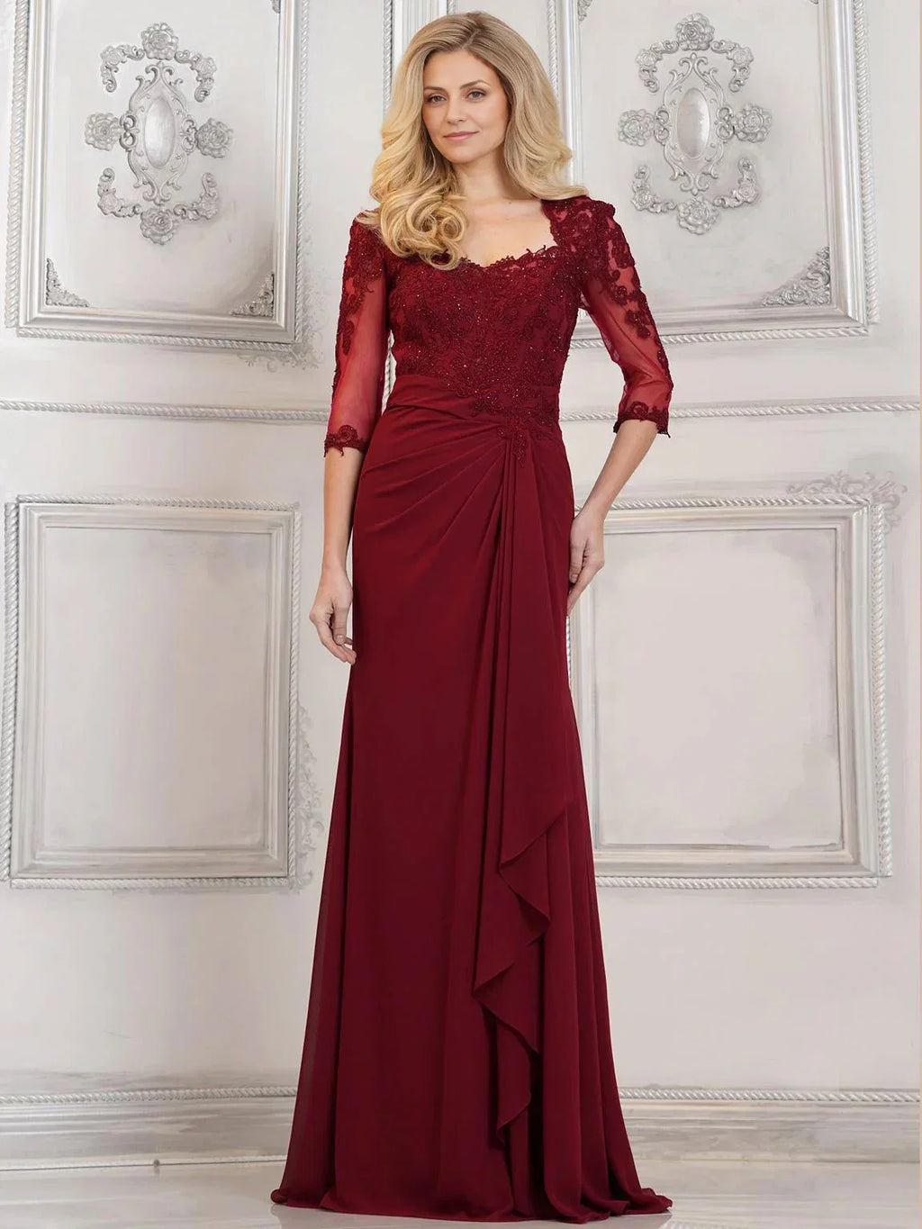 Dress Mermaid Appliques Long Evening Gown Formal Dress Backless 3/4 Sleeves Mother of the Bride Dress