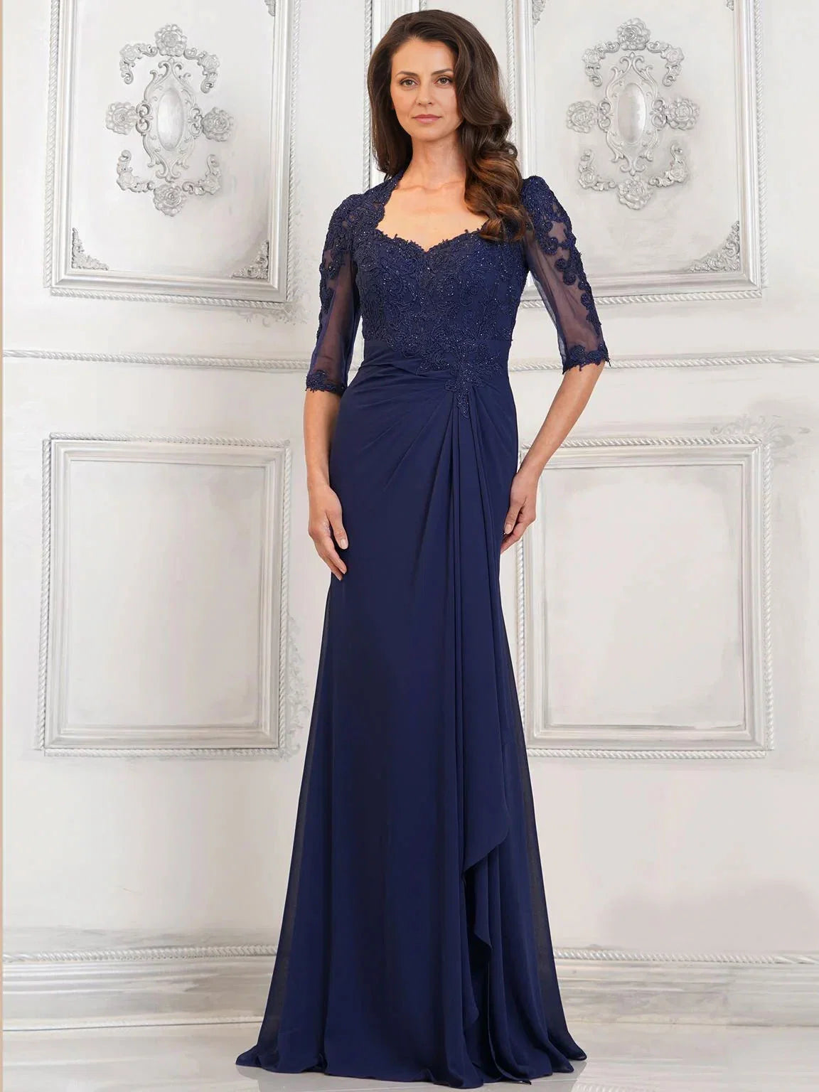 Dress Mermaid Appliques Long Evening Gown Formal Dress Backless 3/4 Sleeves Mother of the Bride Dress