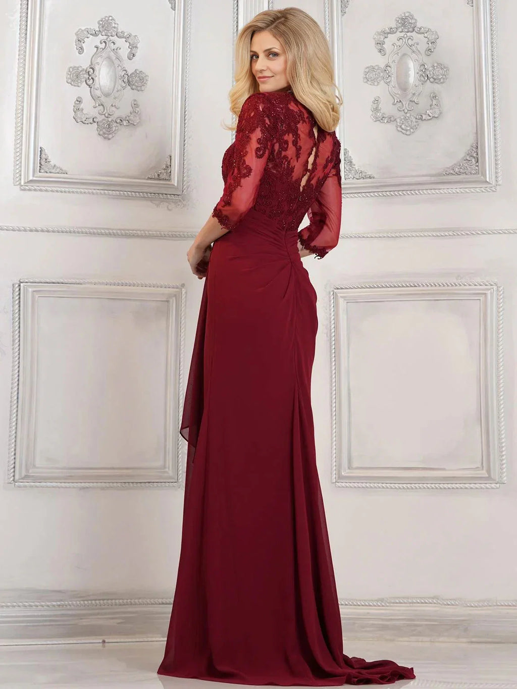 Dress Mermaid Appliques Long Evening Gown Formal Dress Backless 3/4 Sleeves Mother of the Bride Dress