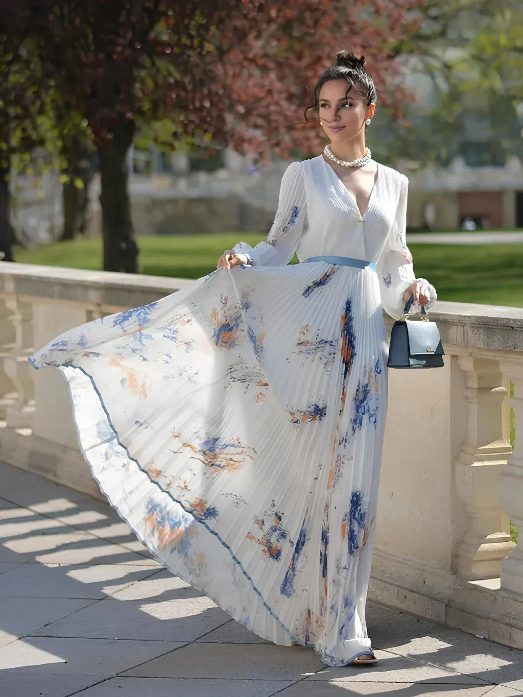 White Dress Pleated V Neck Prom Dress Floral Long Balloon Sleeve Flower Printed A-Line Maxi Dress