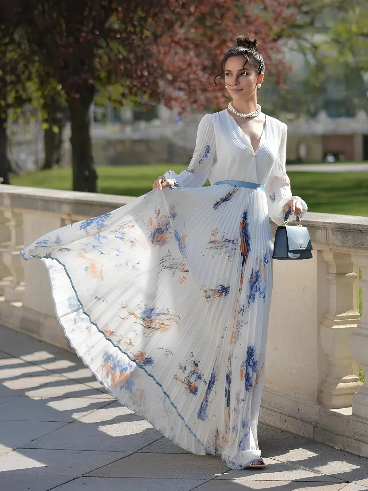 White Dress Pleated V Neck Prom Dress Floral Long Balloon Sleeve Flower Printed A-Line Maxi Dress