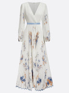 White Dress Pleated V Neck Prom Dress Floral Long Balloon Sleeve Flower Printed A-Line Maxi Dress