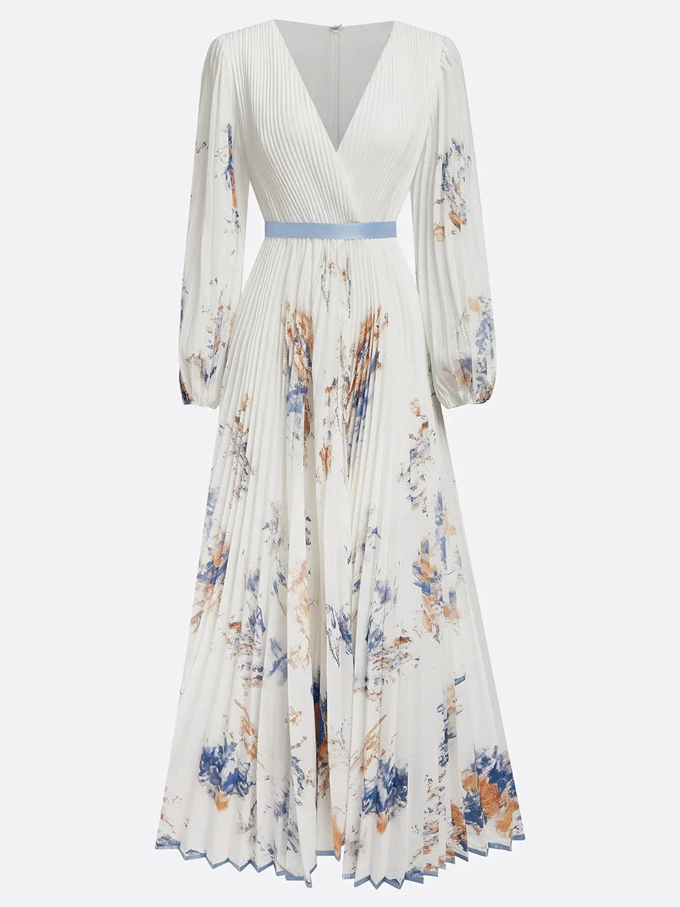 White Dress Pleated V Neck Prom Dress Floral Long Balloon Sleeve Flower Printed A-Line Maxi Dress