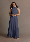 Blue Dress A-Line Halter Sleeveless Simple Evening Dress Floor Length Pleats Prom Dress