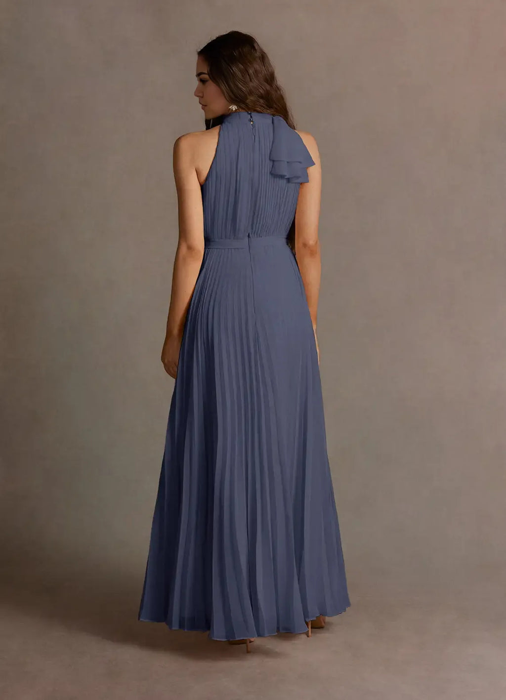 Blue Dress A-Line Halter Sleeveless Simple Evening Dress Floor Length Pleats Prom Dress