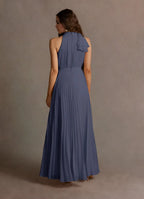 Blue Dress A-Line Halter Sleeveless Simple Evening Dress Floor Length Pleats Prom Dress