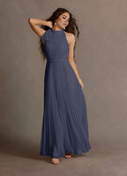 Blue Dress A-Line Halter Sleeveless Simple Evening Dress Floor Length Pleats Prom Dress