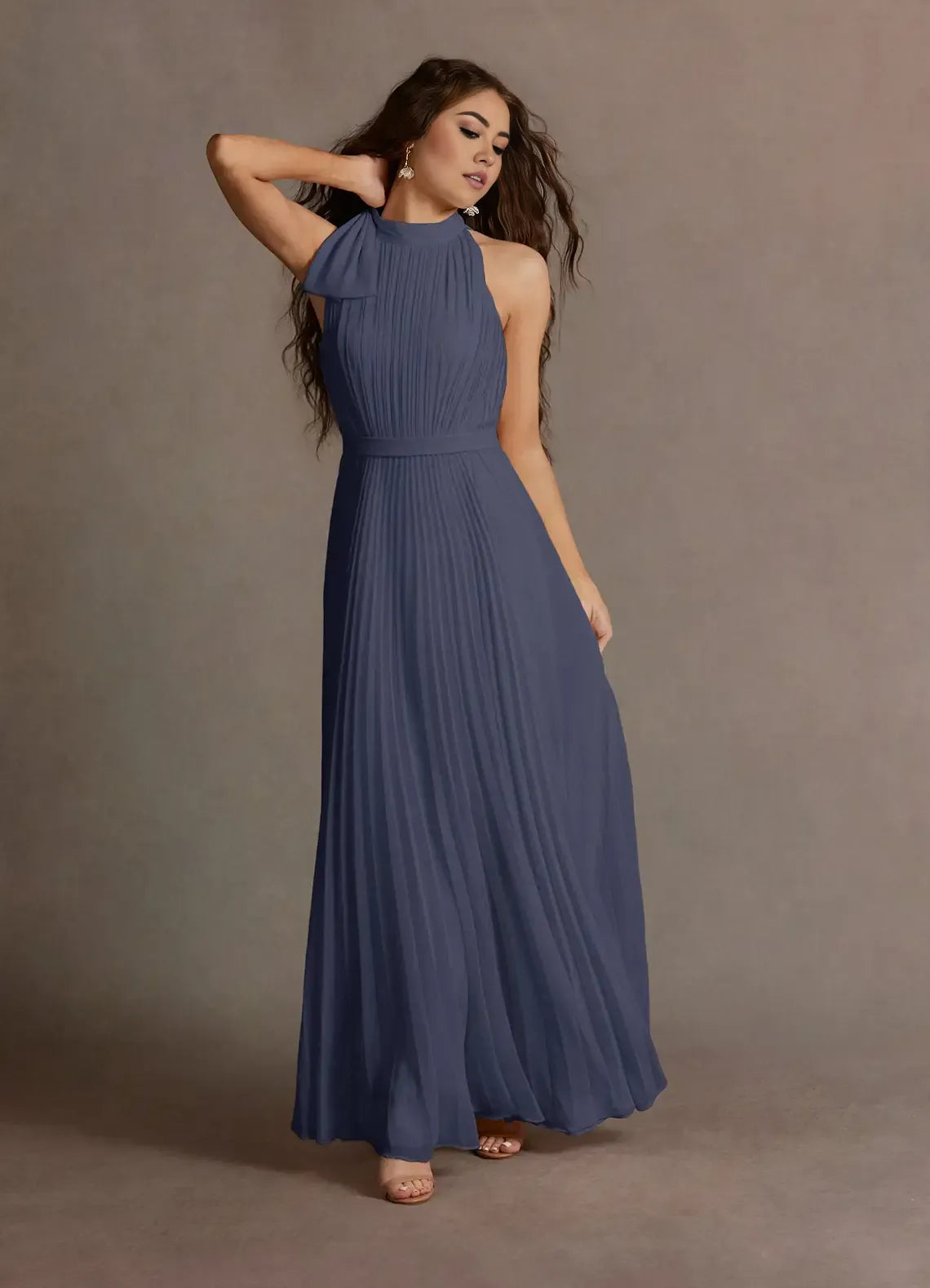 Blue Dress A-Line Halter Sleeveless Simple Evening Dress Floor Length Pleats Prom Dress