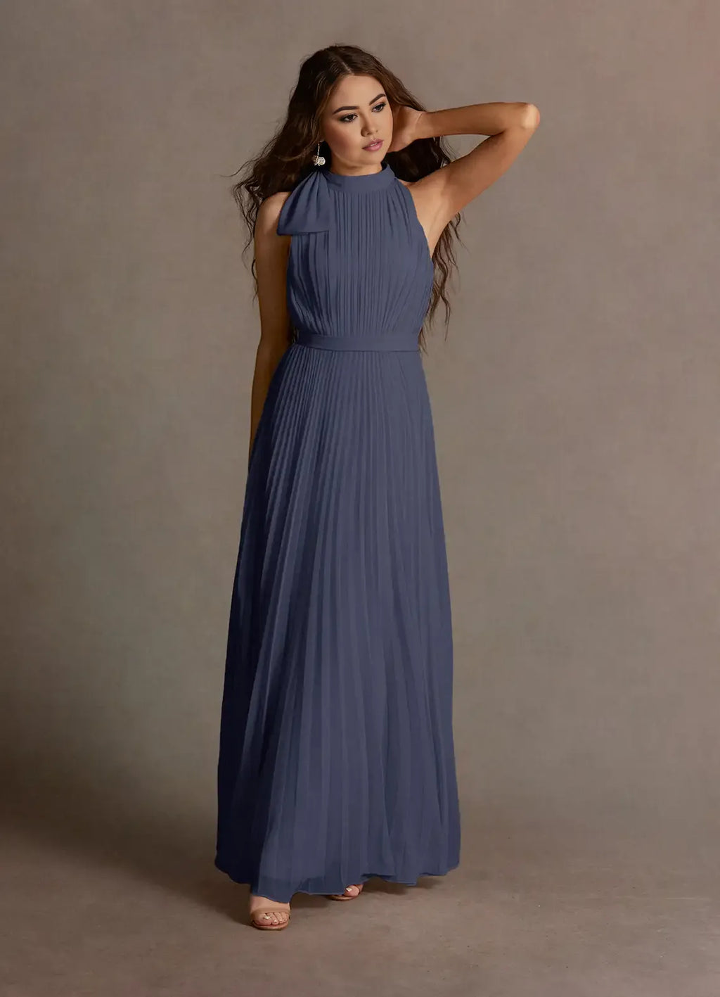 Blue Dress A-Line Halter Sleeveless Simple Evening Dress Floor Length Pleats Prom Dress