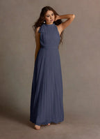 Blue Dress A-Line Halter Sleeveless Simple Evening Dress Floor Length Pleats Prom Dress
