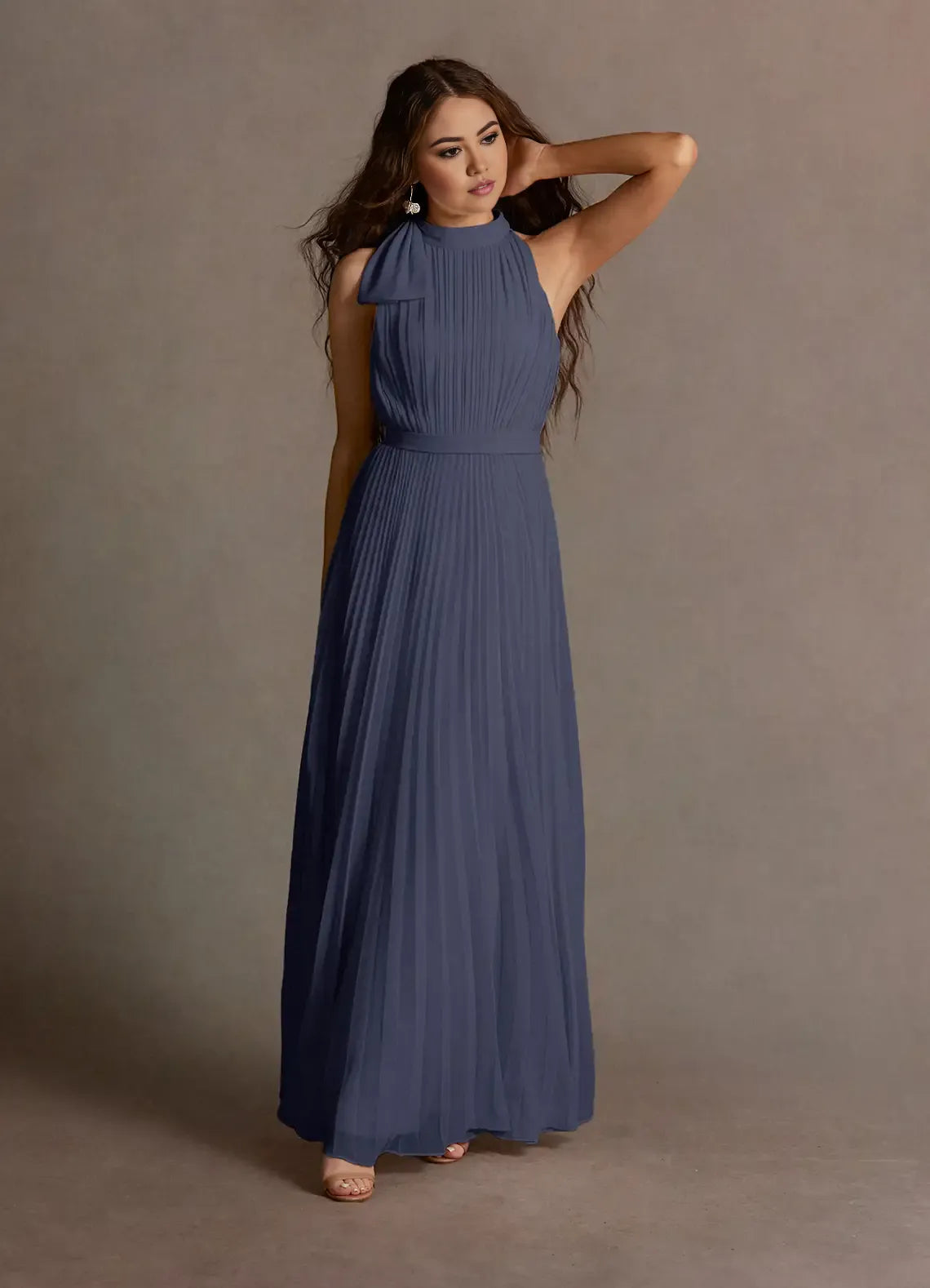 Blue Dress A-Line Halter Sleeveless Simple Evening Dress Floor Length Pleats Prom Dress