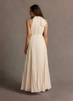 Blue Dress A-Line Halter Sleeveless Simple Evening Dress Floor Length Pleats Prom Dress