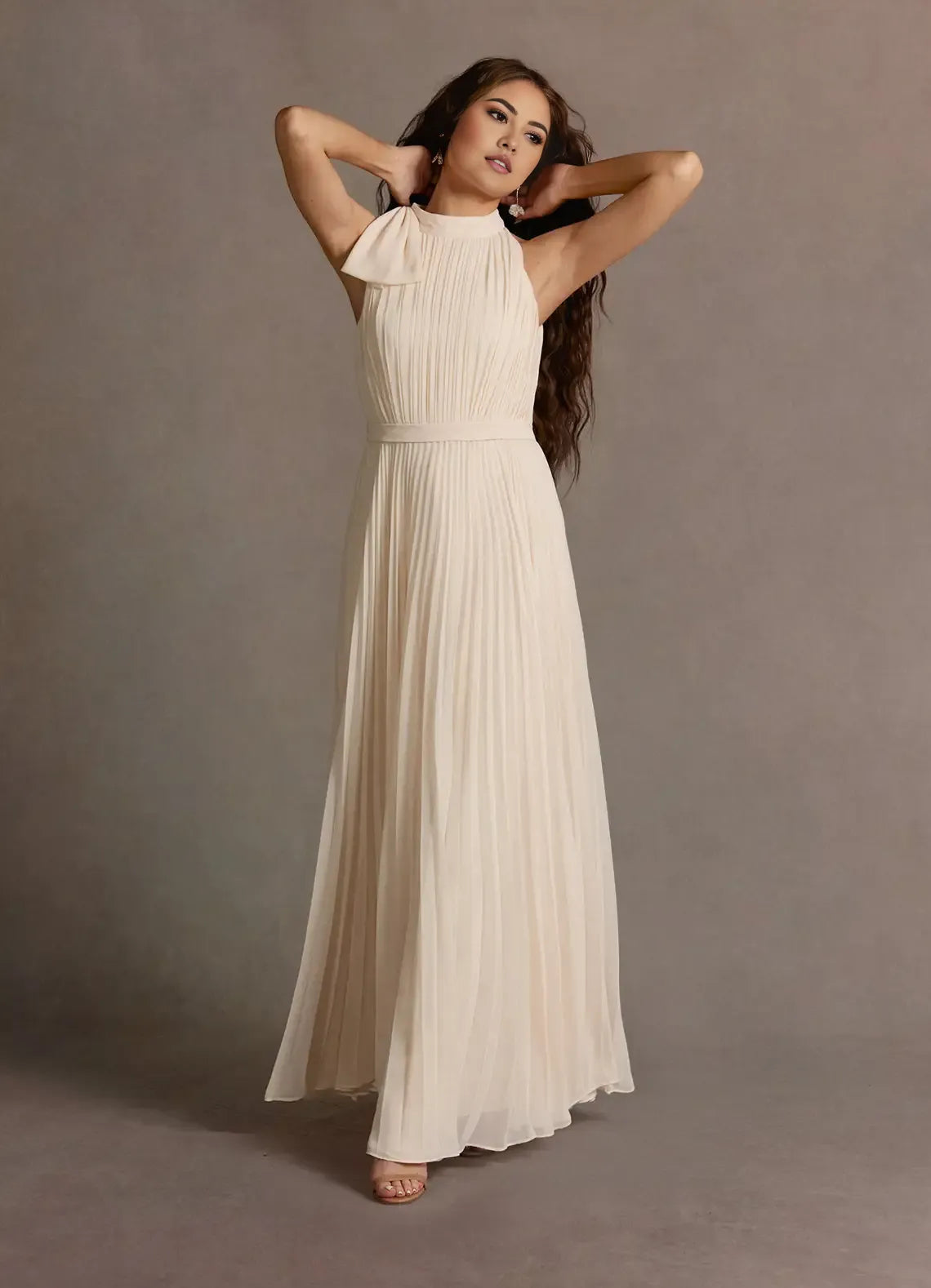 Blue Dress A-Line Halter Sleeveless Simple Evening Dress Floor Length Pleats Prom Dress