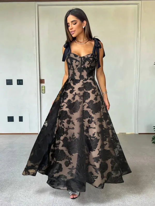 Dress A-Line Dress Sweetheart Neckline Sleeveless Romantic Flower Printed Party Prom Maxi Dresses