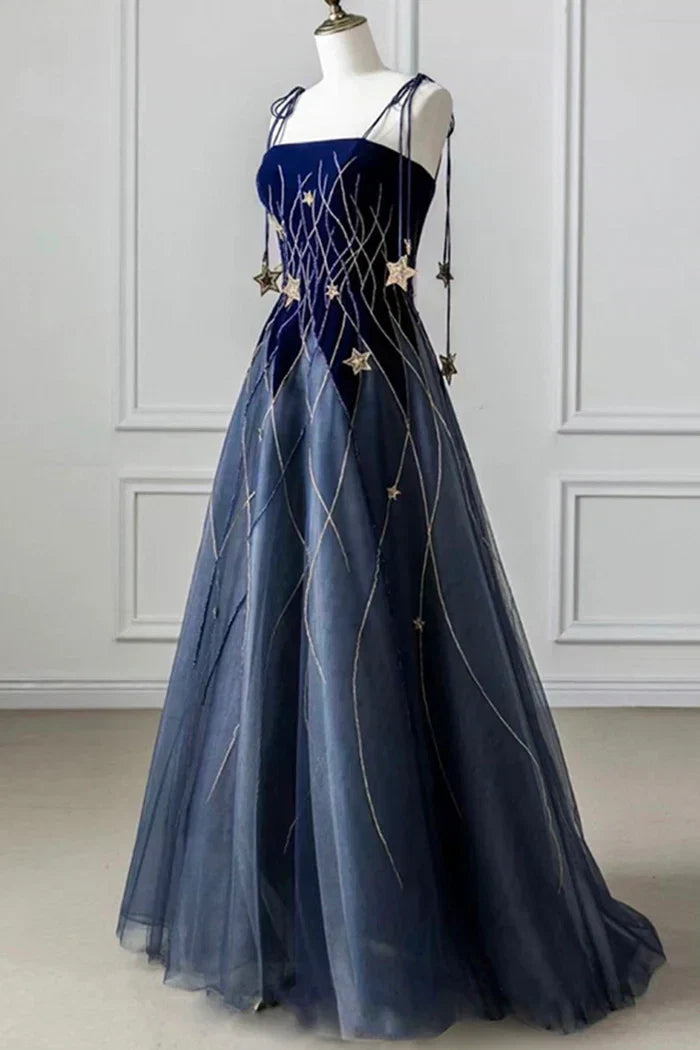 Navy Blue Dress A-Line Elegant Spaghetti Strap Long Prom Dress With Star