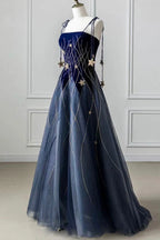 Navy Blue Dress A-Line Elegant Spaghetti Strap Long Prom Dress With Star
