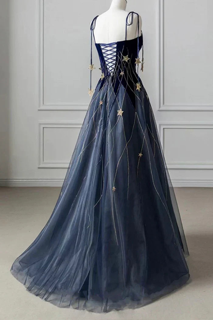 Navy Blue Dress A-Line Elegant Spaghetti Strap Long Prom Dress With Star