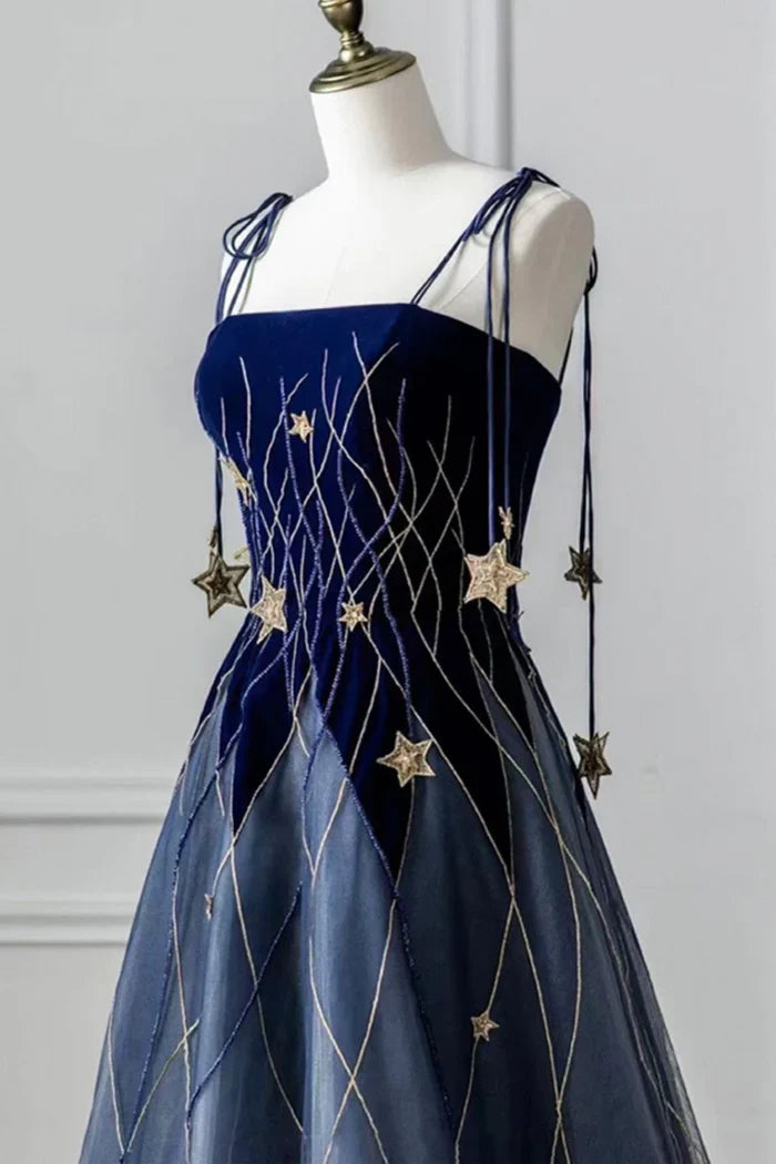Navy Blue Dress A-Line Elegant Spaghetti Strap Long Prom Dress With Star