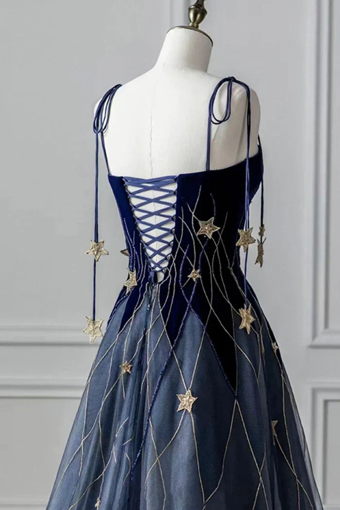 Navy Blue Dress A-Line Elegant Spaghetti Strap Long Prom Dress With Star