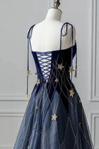 Navy Blue Dress A-Line Elegant Spaghetti Strap Long Prom Dress With Star