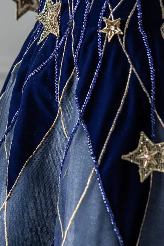 Navy Blue Dress A-Line Elegant Spaghetti Strap Long Prom Dress With Star