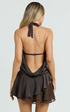 Black Dress A-Line Halter Cowl Neck Asymmetrical Dress Sexy Low Open Back Mini Homecoming Dress