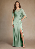 Dress A-Line Princess Boat Neck Pleated Maxi Dress Elegant Cap Sleeves Back Zip Mother of the Bride Dress