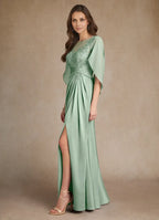 Dress A-Line Princess Boat Neck Pleated Maxi Dress Elegant Cap Sleeves Back Zip Mother of the Bride Dress