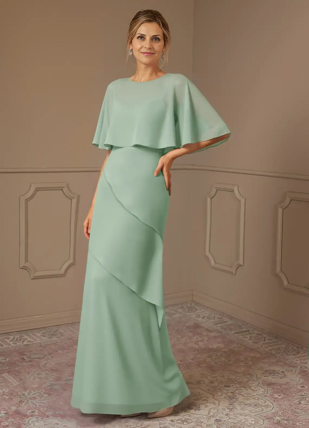 Dress A-Line Scoop Neck Dress Mother Of The Bride Dresses Elegant Cap Sleeves Capelet Evening Dress