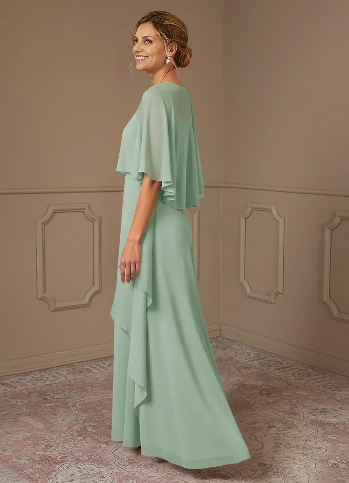 Dress A-Line Scoop Neck Dress Mother Of The Bride Dresses Elegant Cap Sleeves Capelet Evening Dress