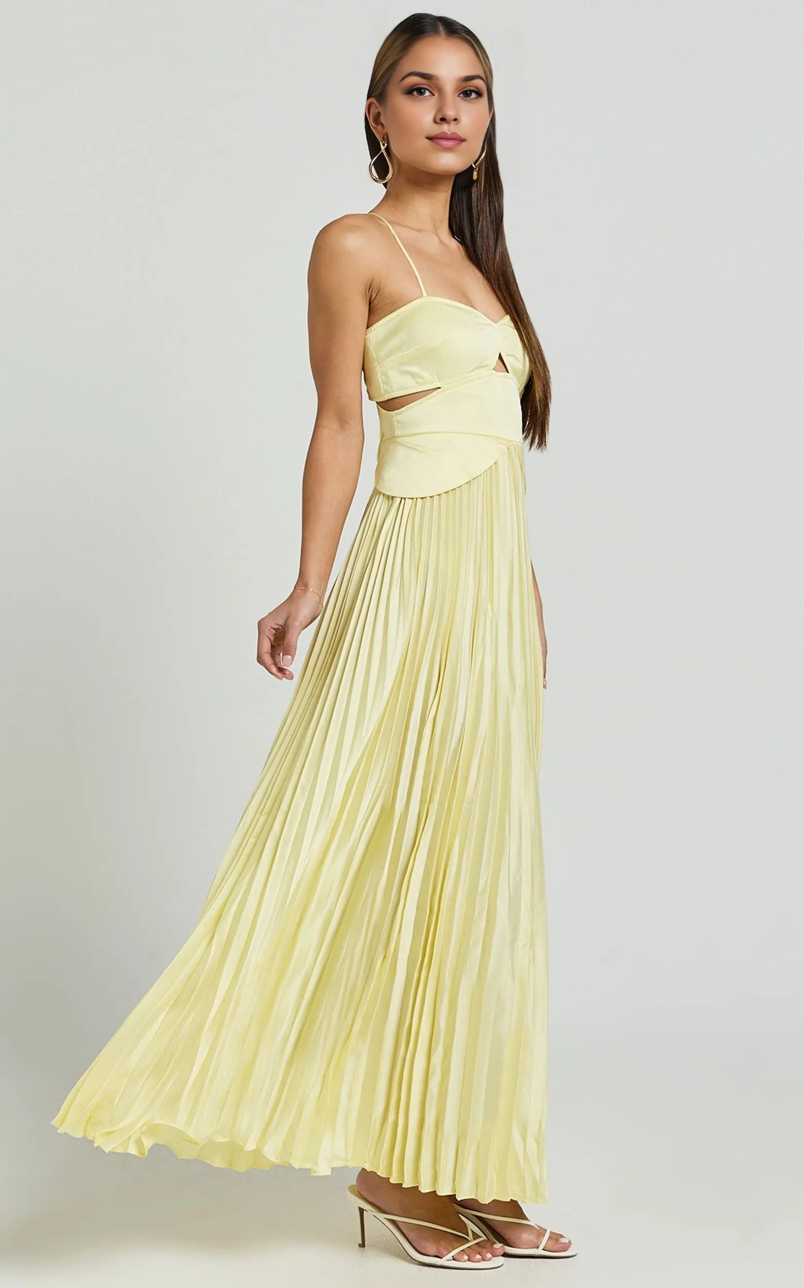 Dress A-Line Sweetheart Cut Out Pleated Dress Lemon Spaghetti Straps Backless Up Evening Dress