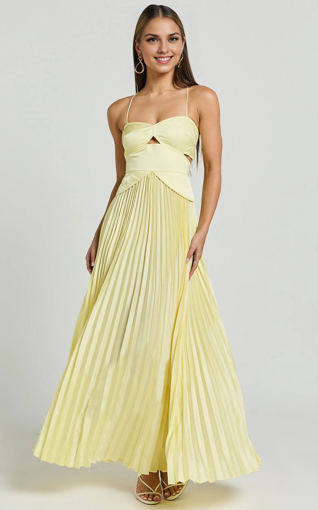 Dress A-Line Sweetheart Cut Out Pleated Dress Lemon Spaghetti Straps Backless Up Evening Dress