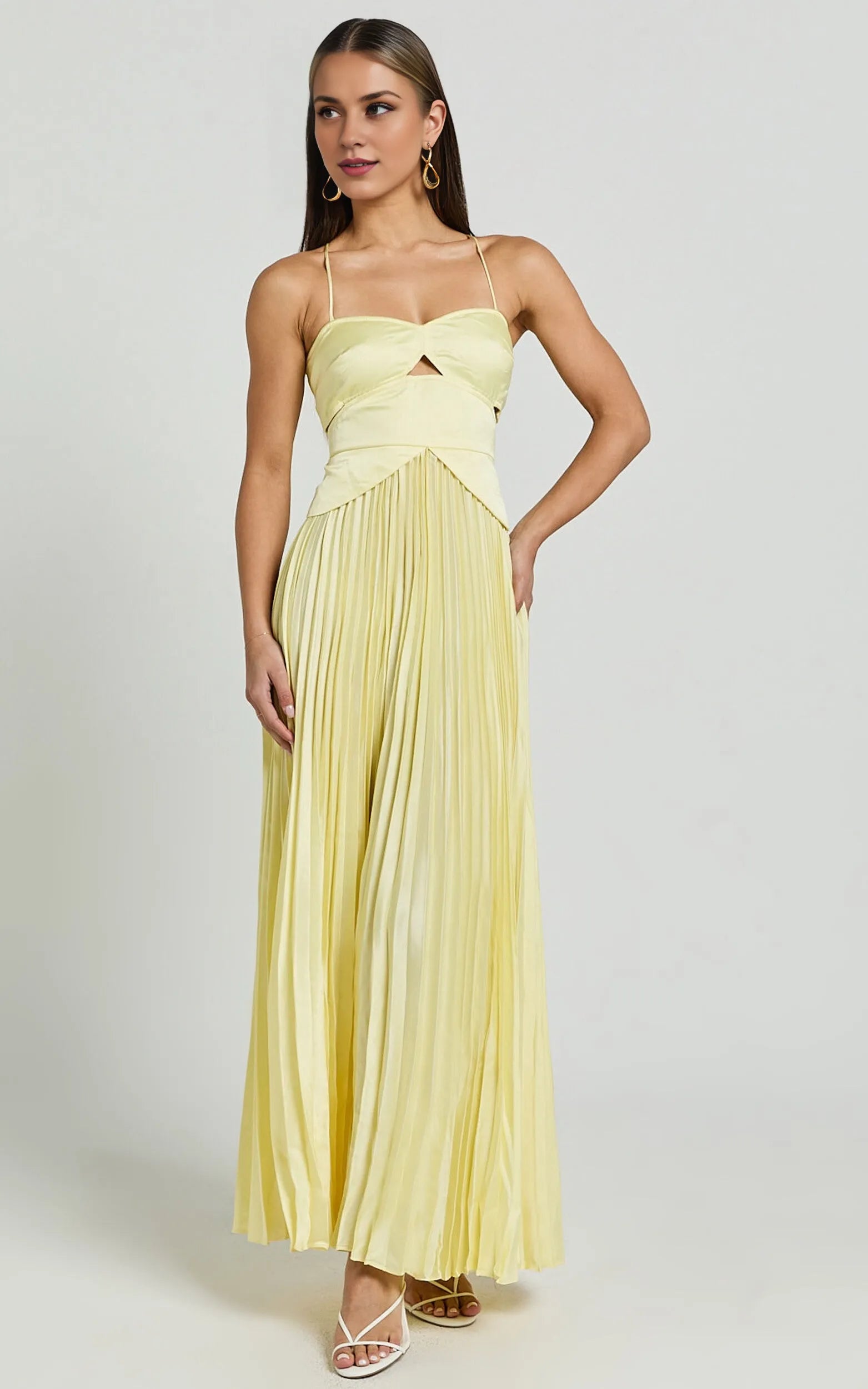 Dress A-Line Sweetheart Cut Out Pleated Dress Lemon Spaghetti Straps Backless Up Evening Dress
