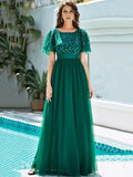 Dress A-Line Party Dresses Short Sleeves Semi Scoop Formal Maxi Prom Dress