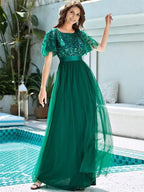 Dress A-Line Party Dresses Short Sleeves Semi Scoop Formal Maxi Prom Dress