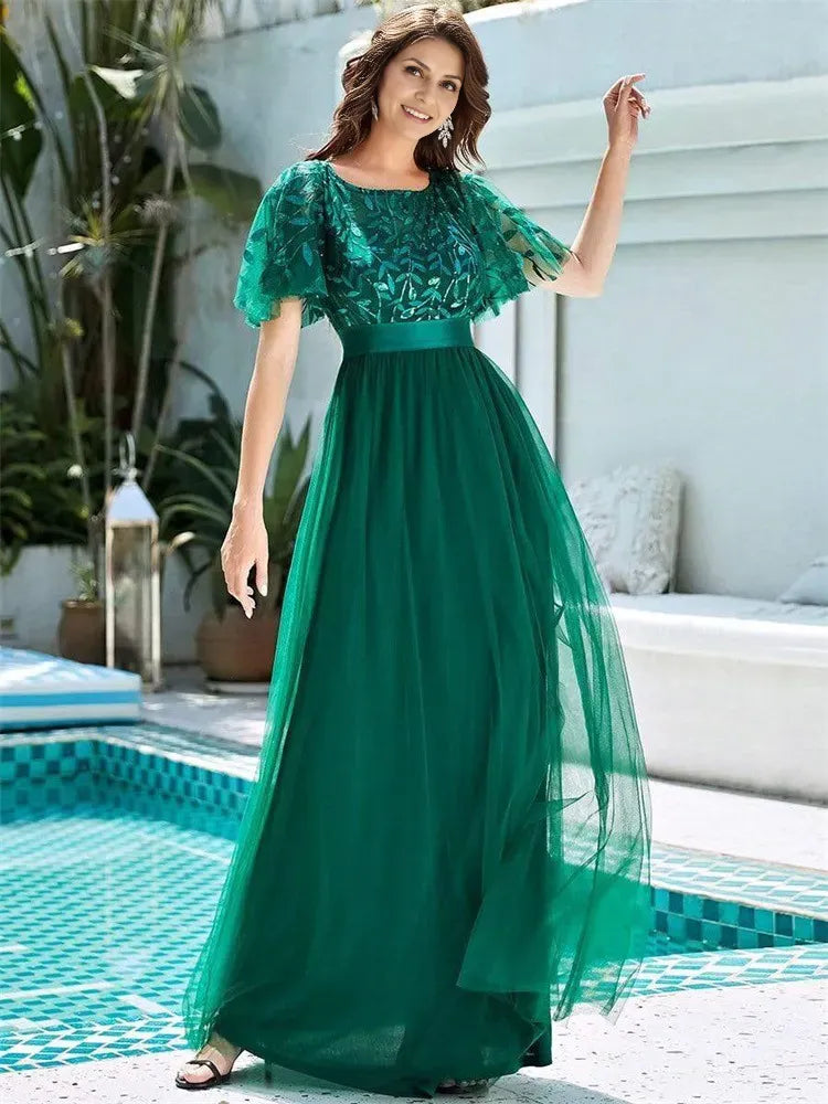 Dress A-Line Party Dresses Short Sleeves Semi Scoop Formal Maxi Prom Dress