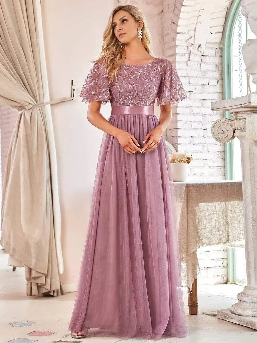Dress A-Line Party Dresses Short Sleeves Semi Scoop Formal Maxi Prom Dress
