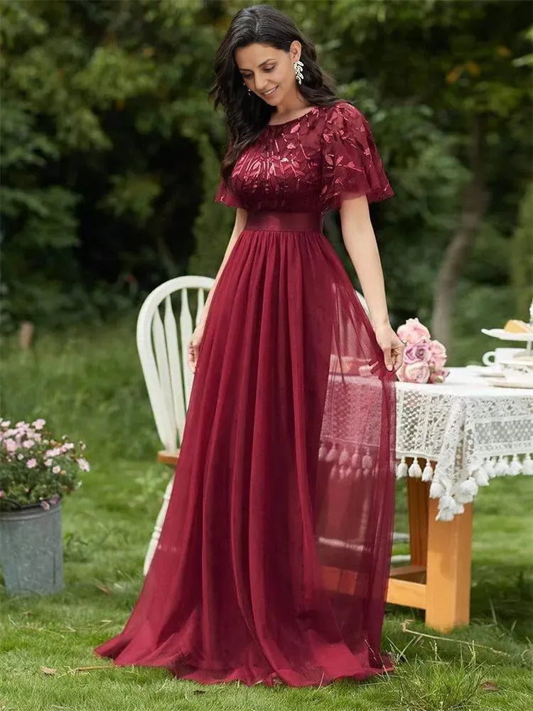 Dress A-Line Party Dresses Short Sleeves Semi Scoop Formal Maxi Prom Dress