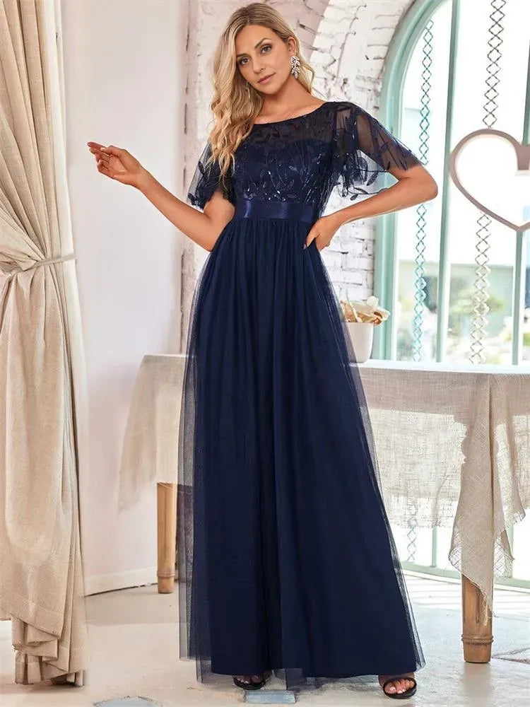 Dress A-Line Party Dresses Short Sleeves Semi Scoop Formal Maxi Prom Dress