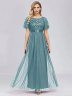 Dress A-Line Party Dresses Short Sleeves Semi Scoop Formal Maxi Prom Dress