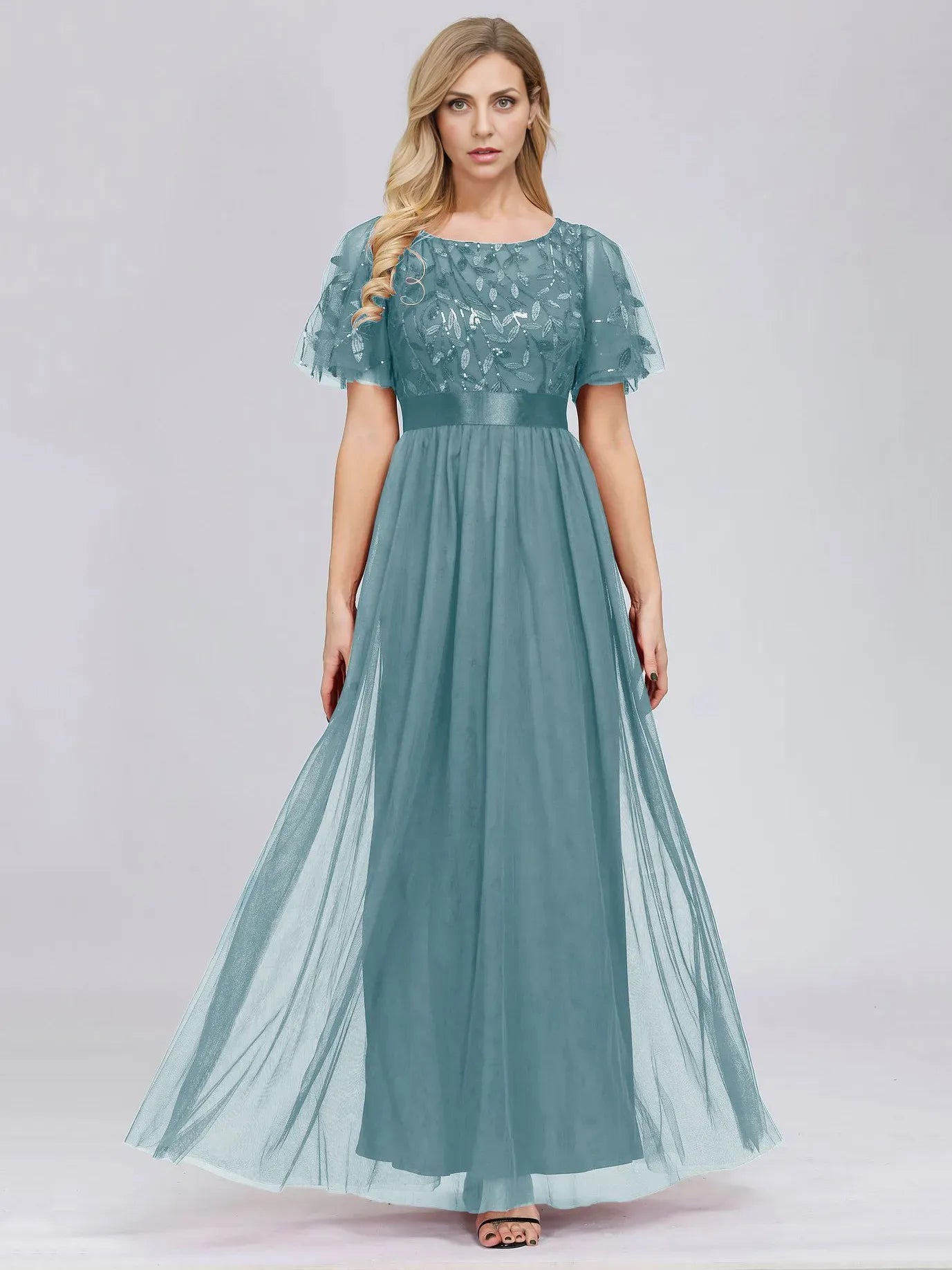 Dress A-Line Party Dresses Short Sleeves Semi Scoop Formal Maxi Prom Dress