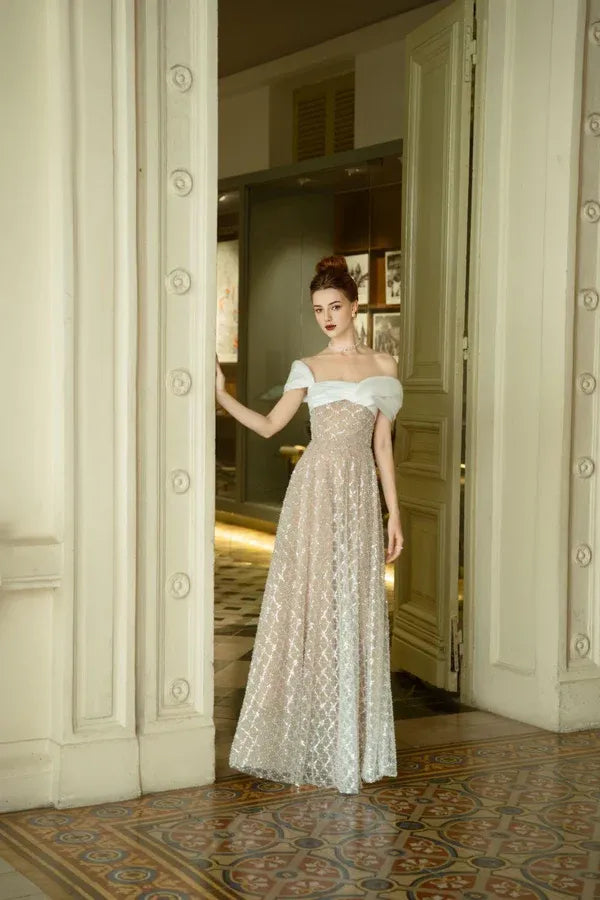 Dress A-line Asymmetric Neck Floor Length Maxi Dress Sleeveless Elegant Sparkle & Shine Backless Prom Dress