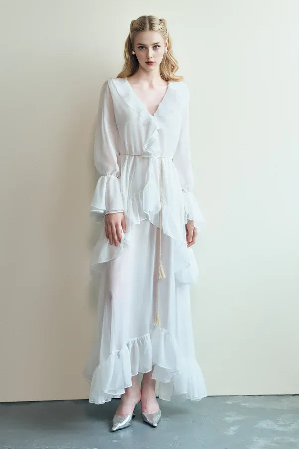 Dress A-line Bishop Sleeved Voile Maxi Dress V Neck Vintage Solid Color Ruffles Prom Dress