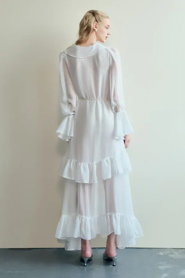 Dress A-line Bishop Sleeved Voile Maxi Dress V Neck Vintage Solid Color Ruffles Prom Dress