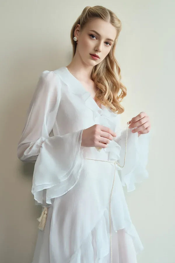Dress A-line Bishop Sleeved Voile Maxi Dress V Neck Vintage Solid Color Ruffles Prom Dress