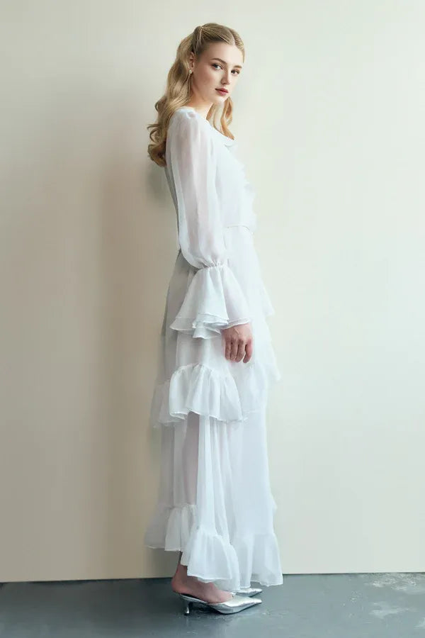 Dress A-line Bishop Sleeved Voile Maxi Dress V Neck Vintage Solid Color Ruffles Prom Dress